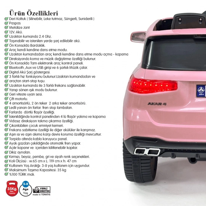 Akar Admire GT Pembe Uzaktan Kumandalı 4X2 12 VOLT Akülü Araba