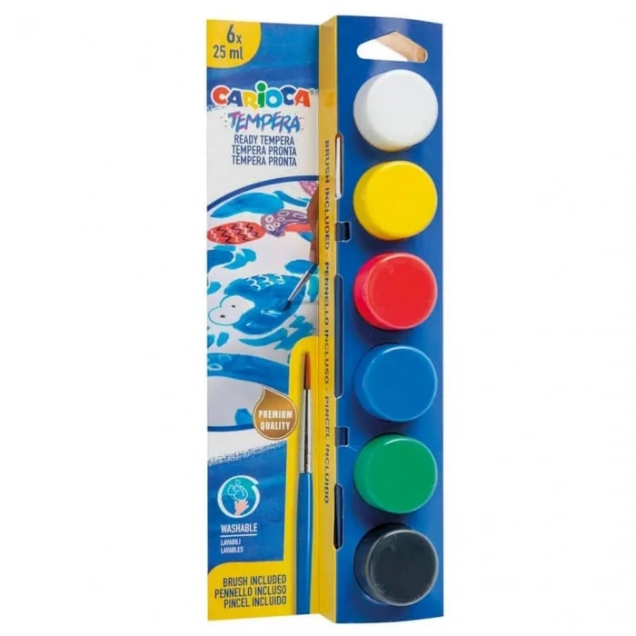 Carioca Tempera Yıkanabilir Sulu Boya 25 ml x 6 Renk Fırçalı Set