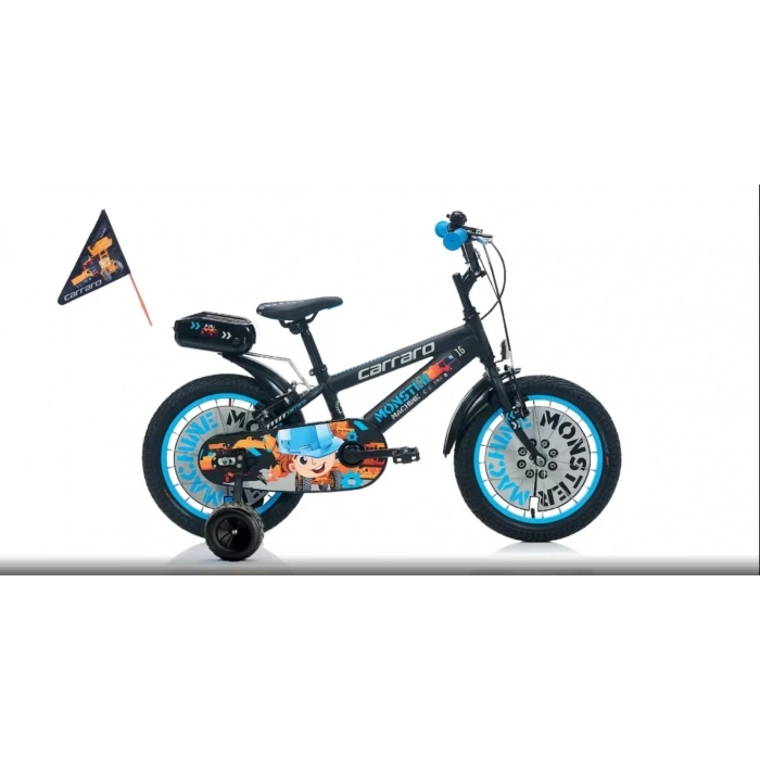 Carraro Monster 16 Jant Alüminyum Çocuk Bisikleti Mat Siyah-Gri-Mavi