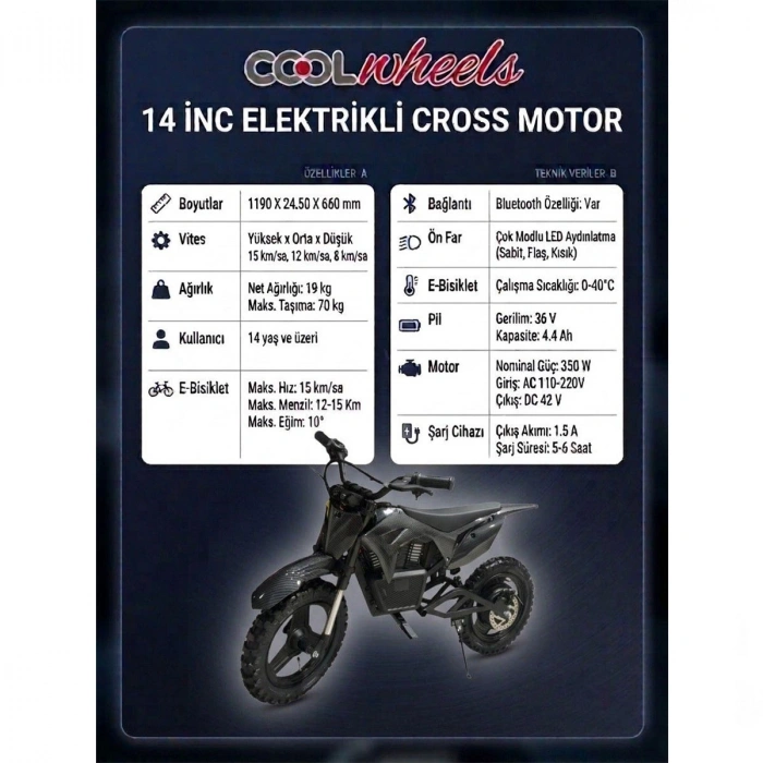Cool Wheels Elektrikli Mini Cross Motor 14 350W 36V