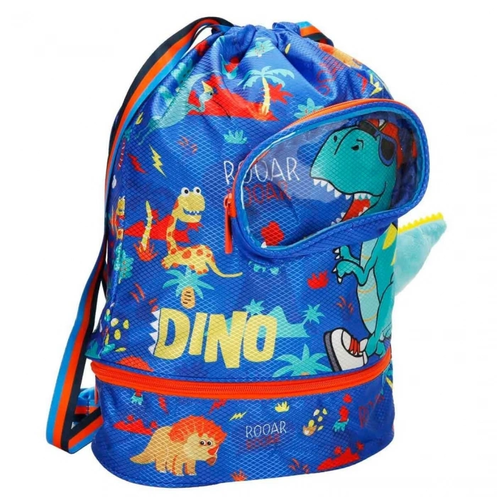 Dinozor Desenli Mavi Büzgülü Anaokulu Çantası