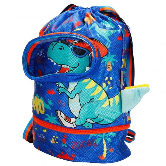 Dinozor Desenli Mavi Büzgülü Anaokulu Çantası