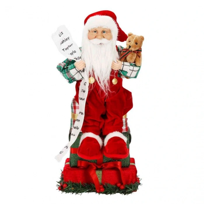 Hediye Kutularının Üstünde Oturan Noel Baba Dekoratif Biblo 48 cm