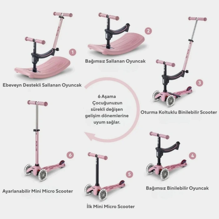 Micro Mini 6 in 1 Deluxe Rock and Go LED Scooter Pembe