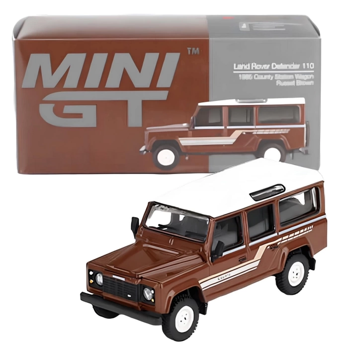 Mini GT 1/64 Land Rover Defender 110 1985 County Station Wagon Russet Brown