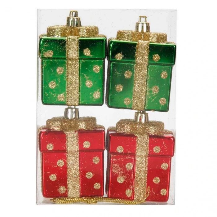 Yılbaşı Hediye Kutulu Kırmızı ve Yeşil Ağaç Süsü 4lü