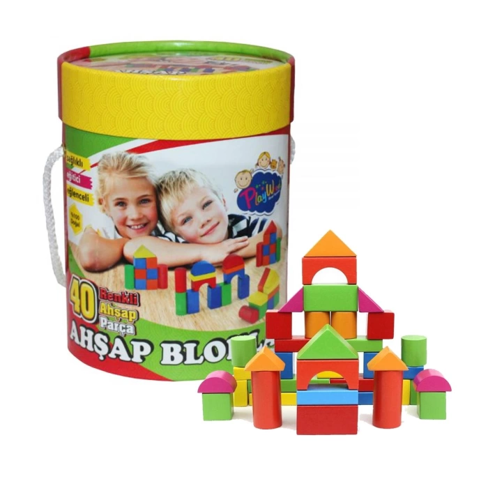 Playwood Silindir Kutuda 40 Parça Renkli Ahşap Bloklar