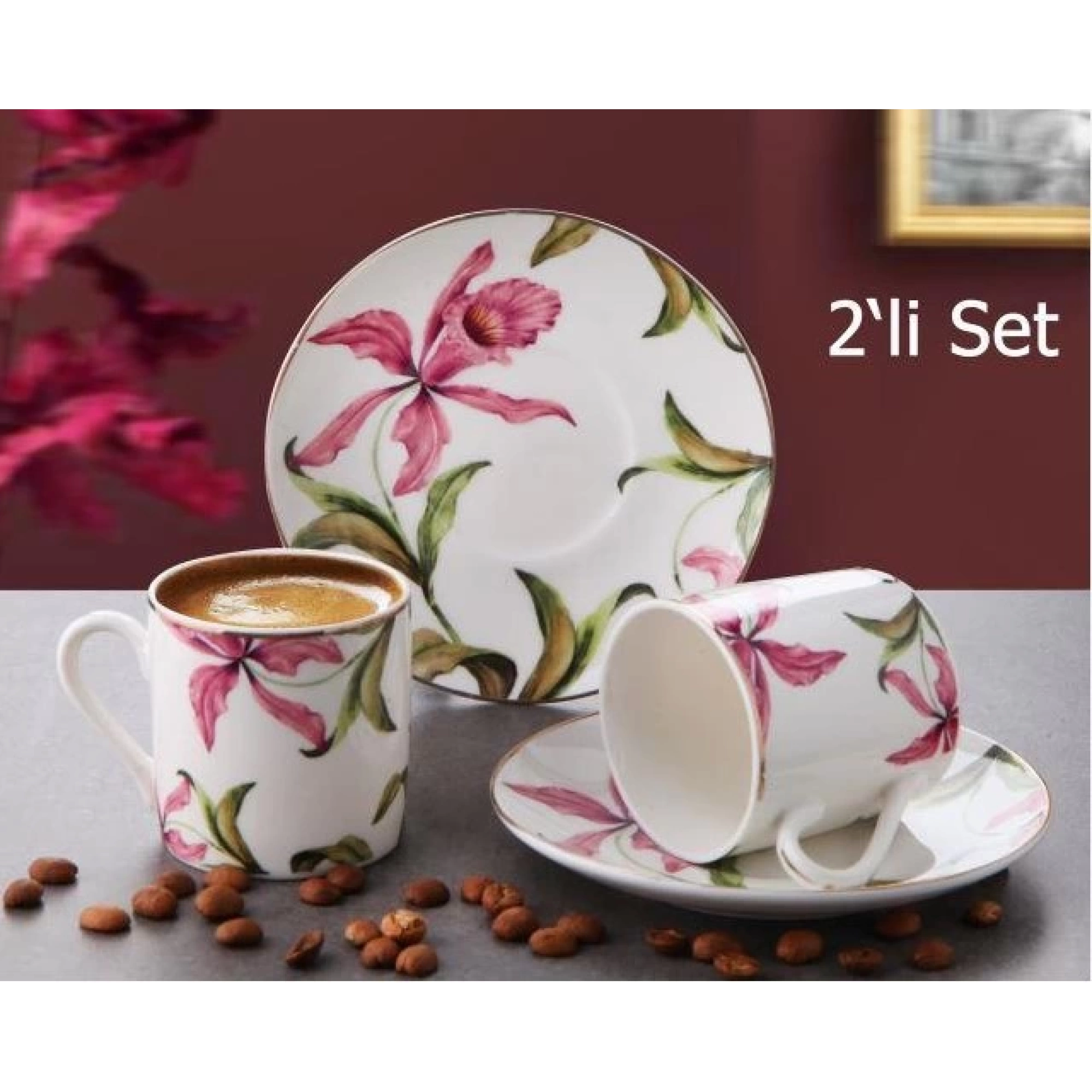Gönül GNL G3399 Kahve Seti Porselen Pembe Çiçek 2li