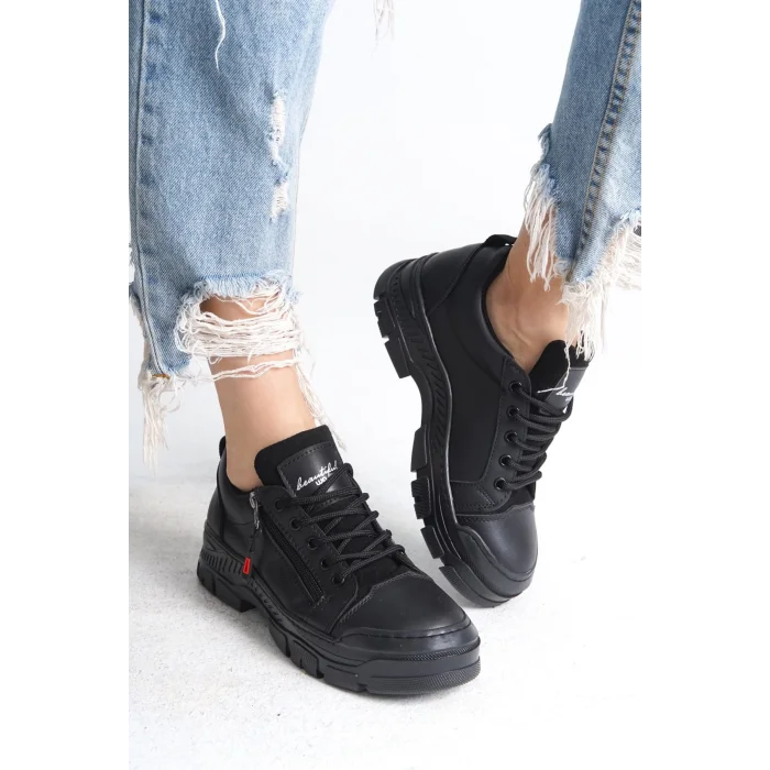 AGATHA Bağcıklı Fermuarlı Ortopedik Taban Kadın Sneaker Spor Ayakkabı ST - Siyah