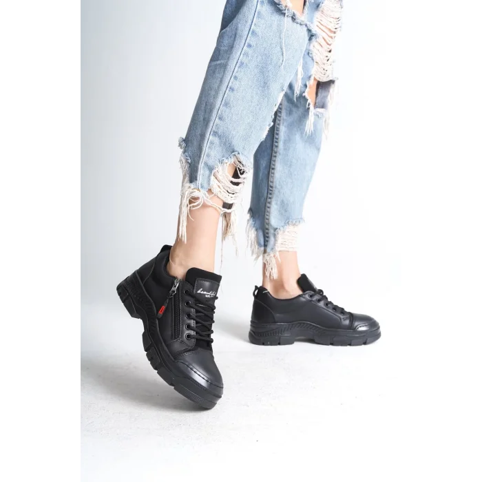 AGATHA Bağcıklı Fermuarlı Ortopedik Taban Kadın Sneaker Spor Ayakkabı ST - Siyah