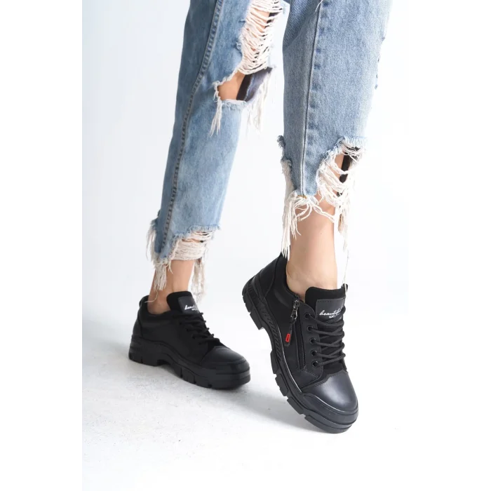 AGATHA Bağcıklı Fermuarlı Ortopedik Taban Kadın Sneaker Spor Ayakkabı ST - Siyah