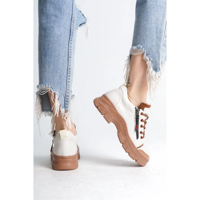 AGATHA Bağcıklı Fermuarlı Ortopedik Taban Kadın Sneaker Spor Ayakkabı  TT - Krem