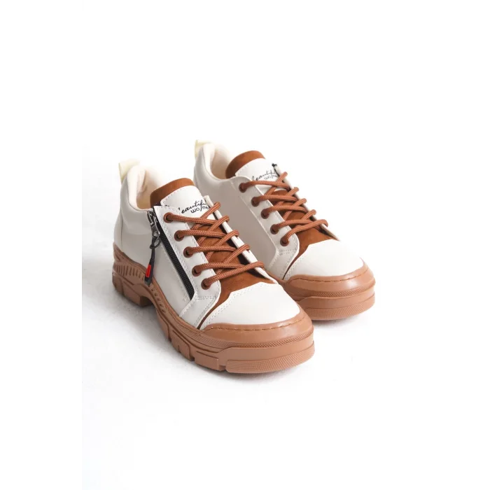 AGATHA Bağcıklı Fermuarlı Ortopedik Taban Kadın Sneaker Spor Ayakkabı  TT - Krem