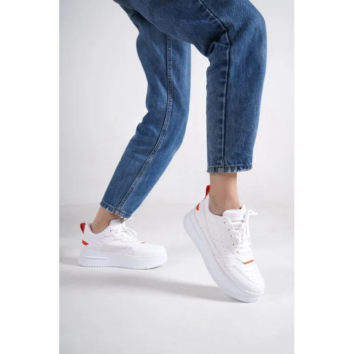 ALESSI Bağcıklı Ortopedik Taban Kadın Sneaker Spor Ayakkabı BT - Beyaz/Turuncu