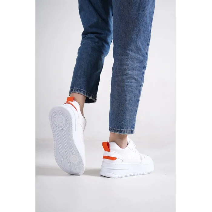 ALESSI Bağcıklı Ortopedik Taban Kadın Sneaker Spor Ayakkabı BT - Beyaz/Turuncu