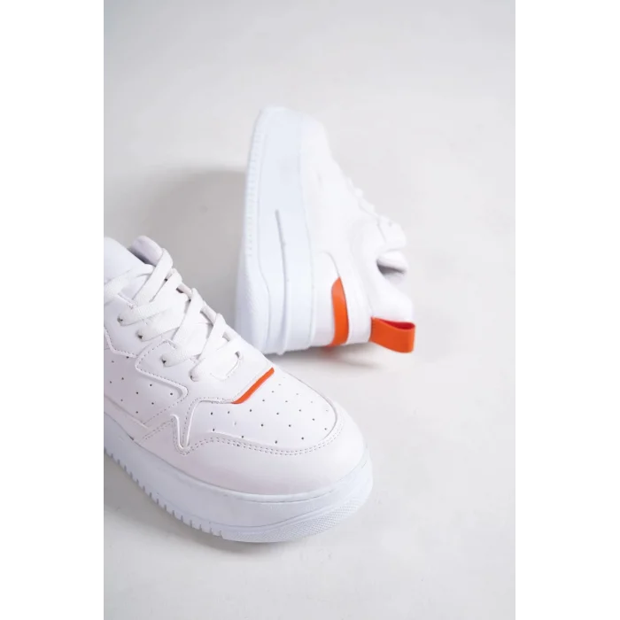 ALESSI Bağcıklı Ortopedik Taban Kadın Sneaker Spor Ayakkabı BT - Beyaz/Turuncu