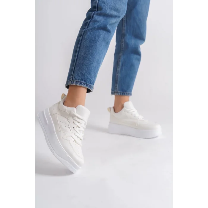 ALESSI Bağcıklı Ortopedik Taban Kadın Sneaker Spor Ayakkabı BT - Kırık Beyaz