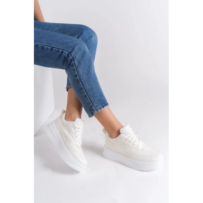 ALESSI Bağcıklı Ortopedik Taban Kadın Sneaker Spor Ayakkabı BT - Kırık Beyaz