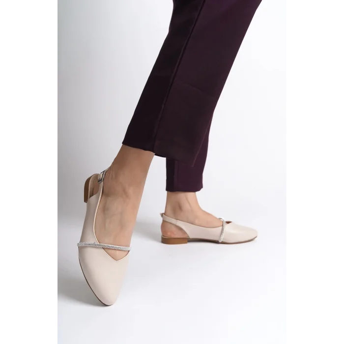 ALLISON Tokalı Ortopedik Rahat Taban Taş Detaylı Kadın Babet Ayakkabı  KT - Krem