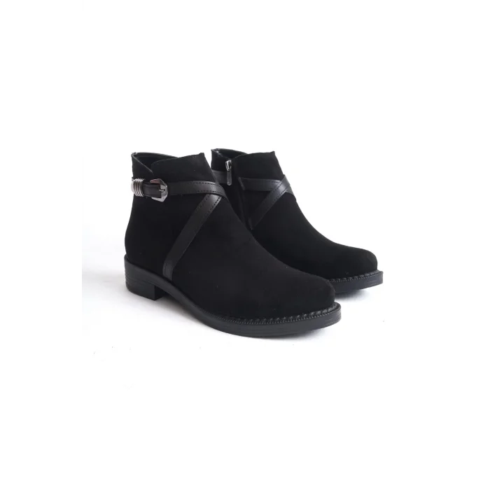 ALMILA Fermuarlı Lastikli Ortopedik Taban Topuklu Süet Kadın Bot ST - Siyah