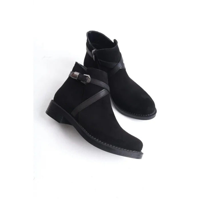 ALMILA Fermuarlı Lastikli Ortopedik Taban Topuklu Süet Kadın Bot ST - Siyah