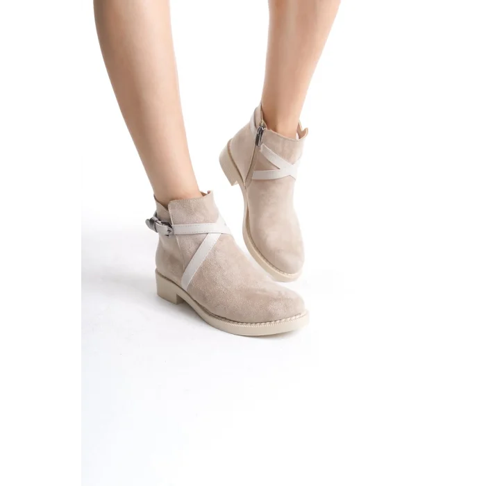 ALMILA Fermuarlı Lastikli Ortopedik Taban Topuklu Süet Kadın Bot  TT - Ten