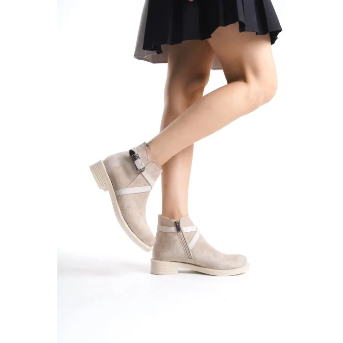 ALMILA Fermuarlı Lastikli Ortopedik Taban Topuklu Süet Kadın Bot  TT - Ten