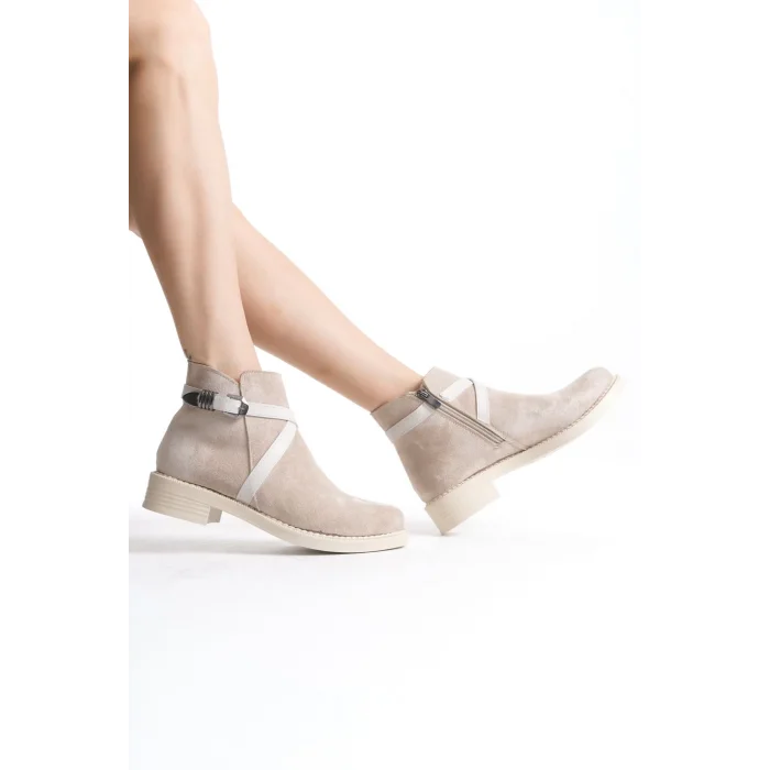 ALMILA Fermuarlı Lastikli Ortopedik Taban Topuklu Süet Kadın Bot  TT - Ten