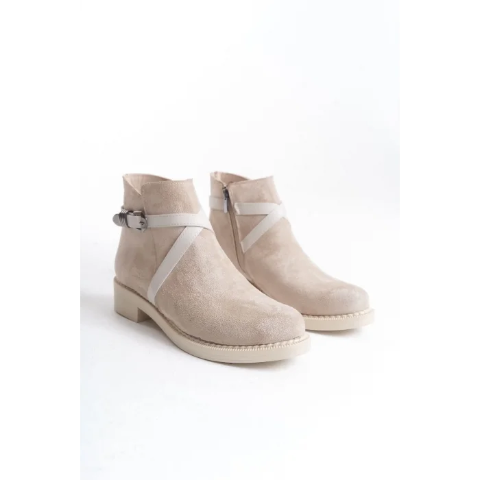 ALMILA Fermuarlı Lastikli Ortopedik Taban Topuklu Süet Kadın Bot  TT - Ten