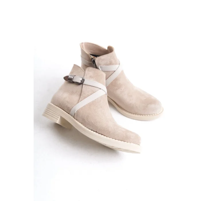 ALMILA Fermuarlı Lastikli Ortopedik Taban Topuklu Süet Kadın Bot  TT - Ten