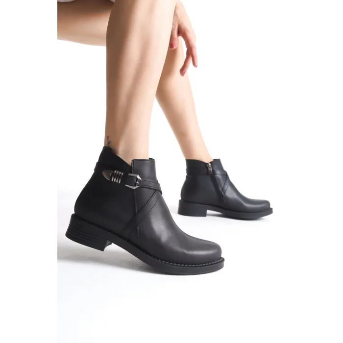ALMILA Fermuarlı Lastikli Ortopedik Taban TopukluKadın Bot ST - Siyah