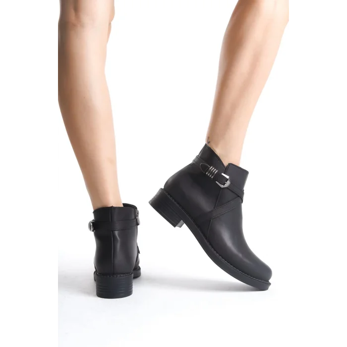 ALMILA Fermuarlı Lastikli Ortopedik Taban TopukluKadın Bot ST - Siyah