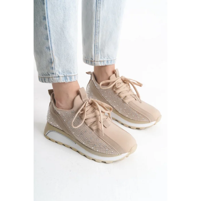 ALYA Bağcıklı Ortopedik Taban Taşlı Kadın Sneaker Spor Ayakkabı BT - Krem