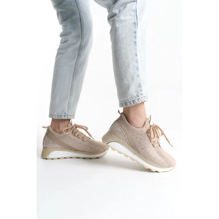 ALYA Bağcıklı Ortopedik Taban Taşlı Kadın Sneaker Spor Ayakkabı BT - Krem