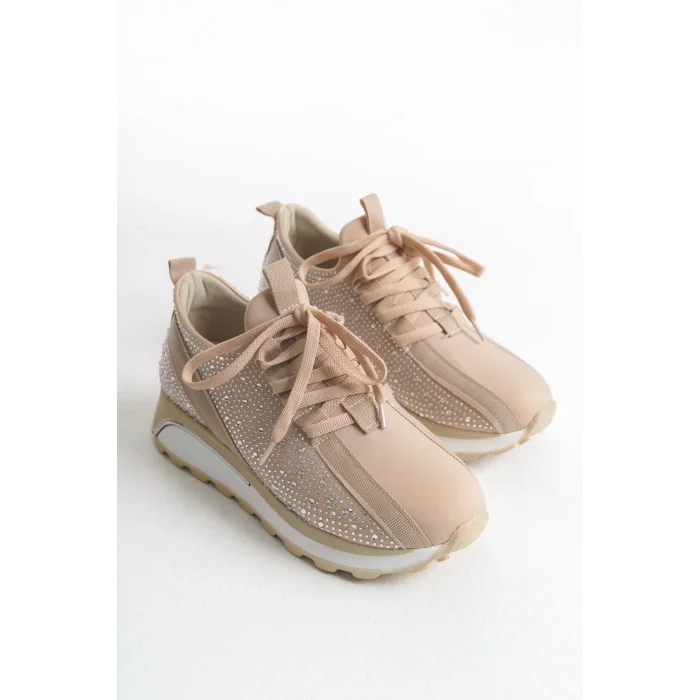 ALYA Bağcıklı Ortopedik Taban Taşlı Kadın Sneaker Spor Ayakkabı BT - Krem