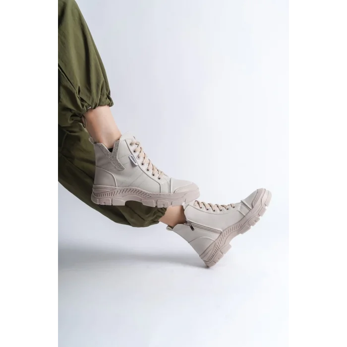 AMBER Bağcıklı Fermuarlı Ortopedik TabanKadın Bot  KT - Krem