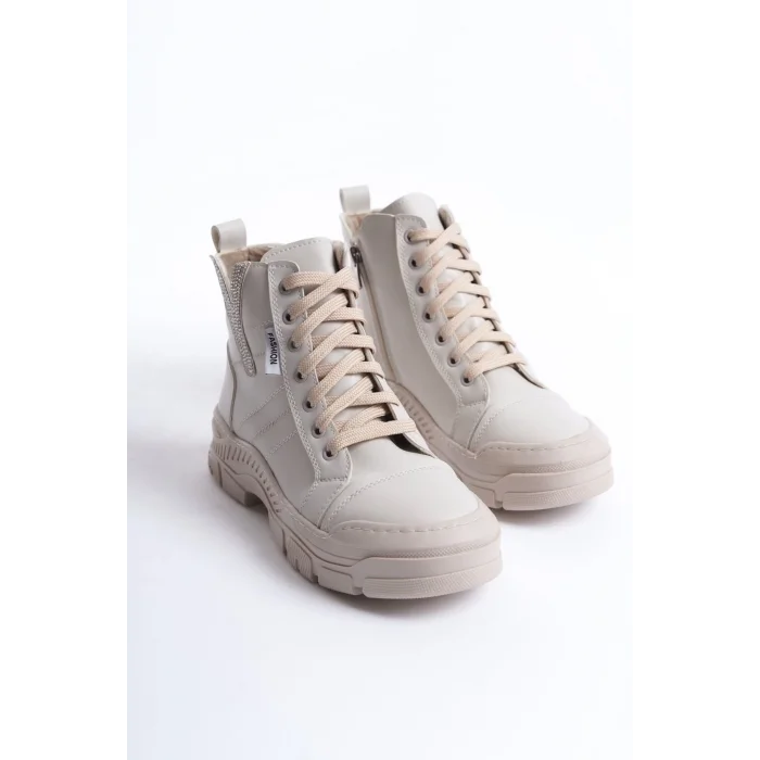 AMBER Bağcıklı Fermuarlı Ortopedik TabanKadın Bot  KT - Krem