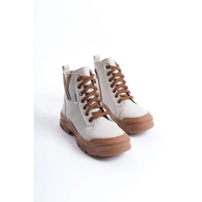AMBER Bağcıklı Fermuarlı Ortopedik TabanKadın Bot  TT - Krem