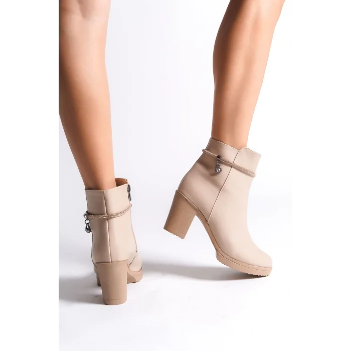 ARIA Fermuarlı Ortopedik Taban Taşlı Topuklu Kadın Bot TT - Ten