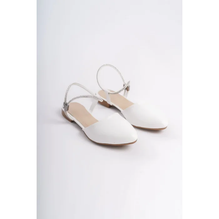 ARIANA Lastikli Ortopedik Rahat Taban Bilekten Taş Detaylı Kadın Babet Ayakkabı  CKT - Beyaz