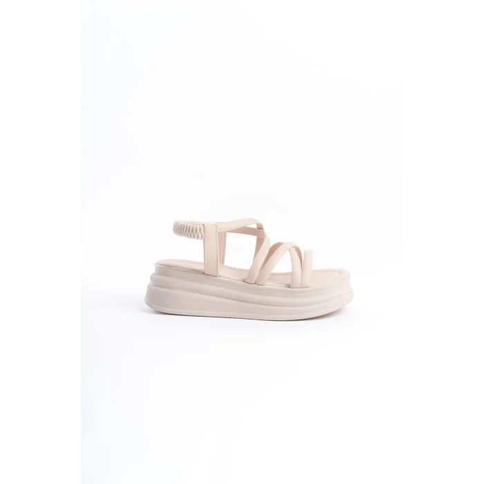 BELLA Lastikli Şerit Detaylı Ortopedik Taban Kadın Sandalet KT - Krem