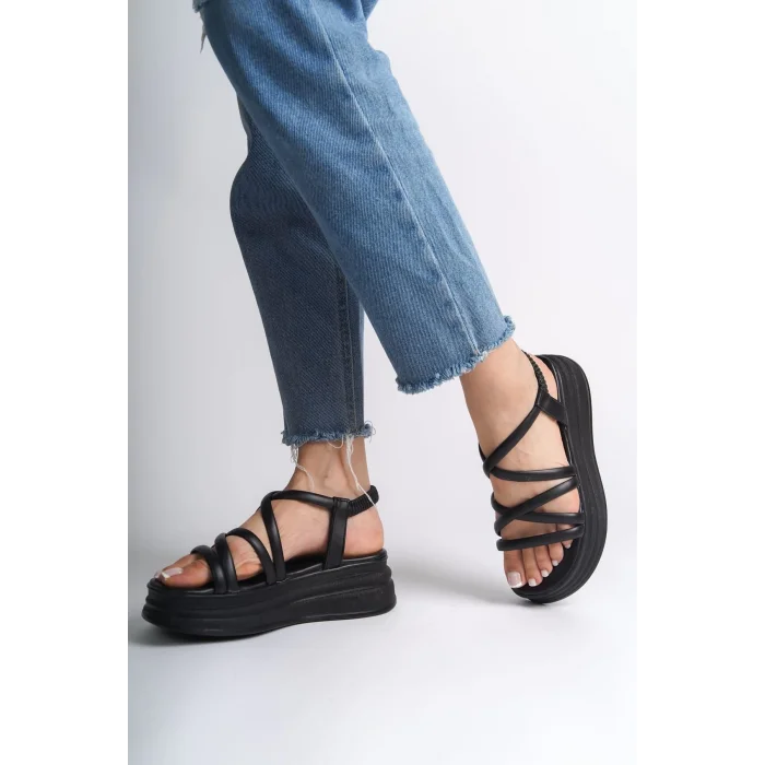 BELLA Lastikli Şerit Detaylı Ortopedik Taban Kadın Sandalet ST - Siyah