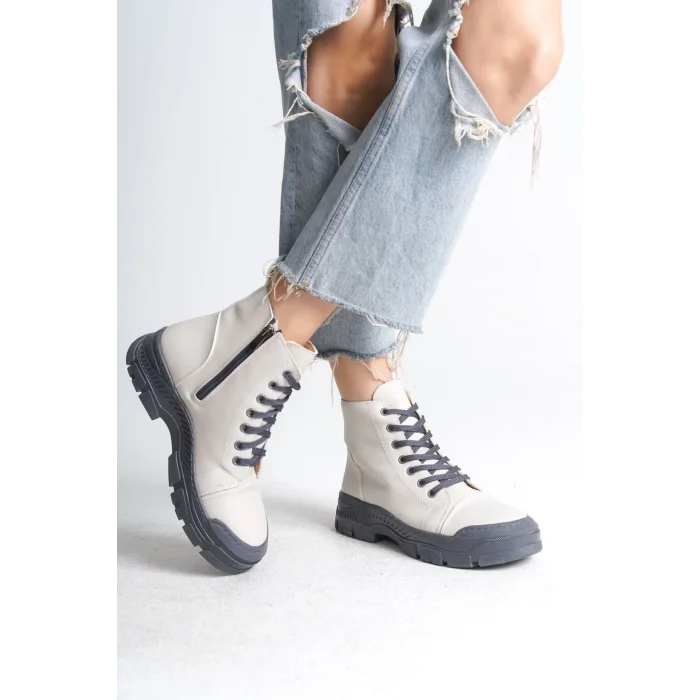 BLOOM Bağcıklı Fermuarlı Ortopedik TabanKadın Bot  GT - Krem