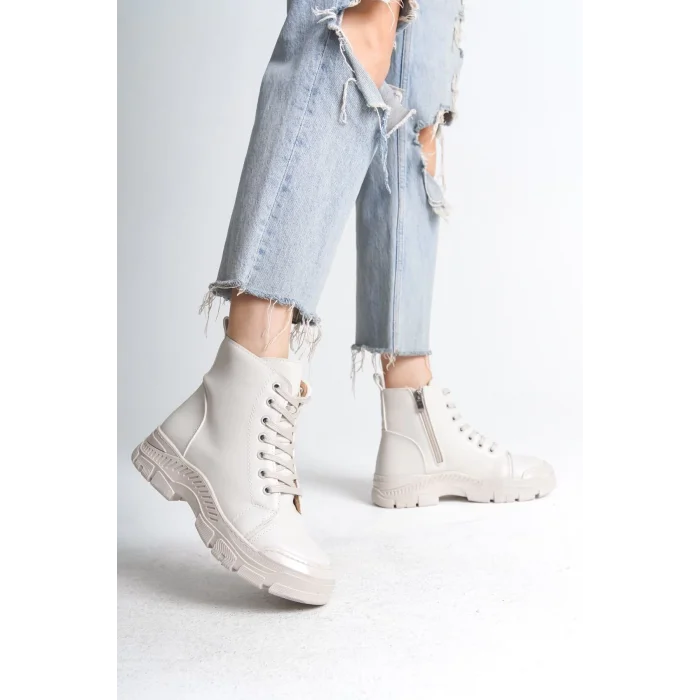 BLOOM Bağcıklı Fermuarlı Ortopedik TabanKadın Bot  KT - Krem
