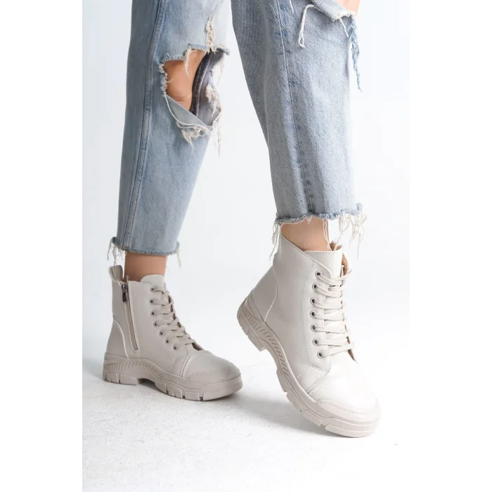 BLOOM Bağcıklı Fermuarlı Ortopedik TabanKadın Bot  KT - Krem