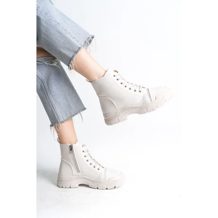 BLOOM Bağcıklı Fermuarlı Ortopedik TabanKadın Bot  KT - Krem