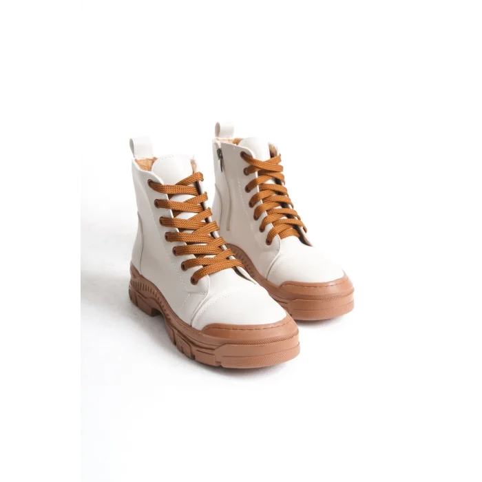 BLOOM Bağcıklı Fermuarlı Ortopedik TabanKadın Bot  TT - Krem