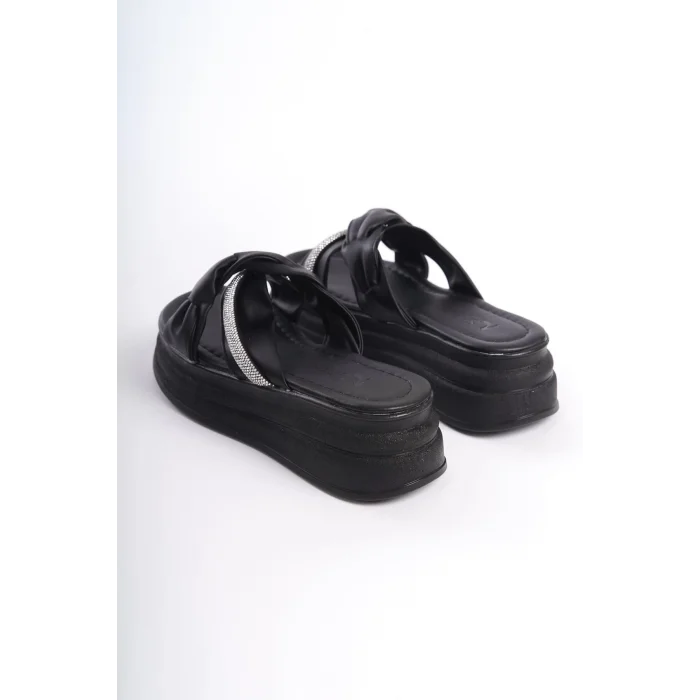 CLARA Düz Topuklu Kurdele Desenli Taşlı Kalın ve Ortopedik Taban Kadın Terlik  ST - Siyah