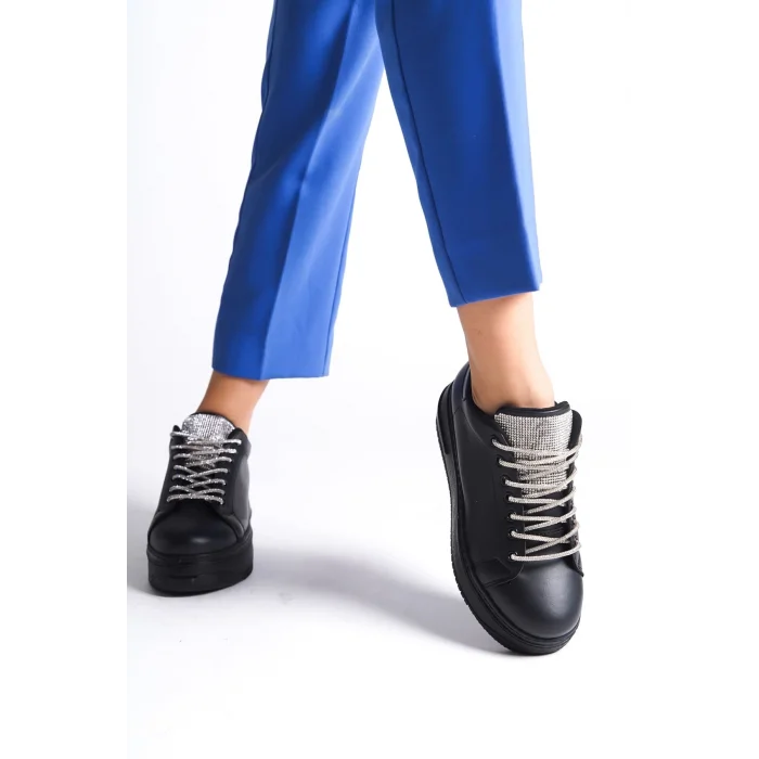 DELLA Bağcıklı Ortopedik Taban Taşlı Kadın Sneaker Spor Ayakkabı  ST - Siyah