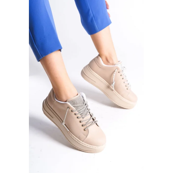 DELLA Bağcıklı Ortopedik Taban Taşlı Kadın Sneaker Spor Ayakkabı TT - Ten